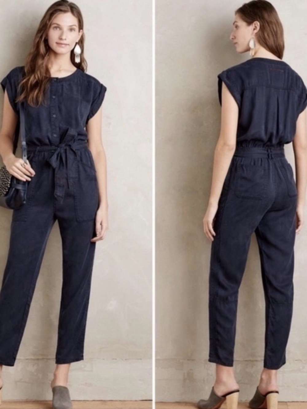 Heihei- Anthropologie Soft Cap-Sleeve Tie-Waist Jumpsuit - Navy